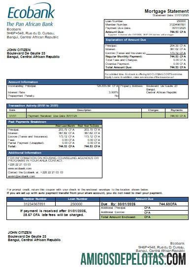 Declaração de hipoteca do Banco Ecobank da República Centro-Africana Scr modelo